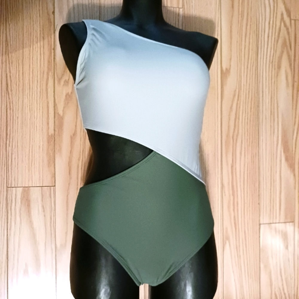 Womens green and light green cut out Swimsuit one piece one shoulder